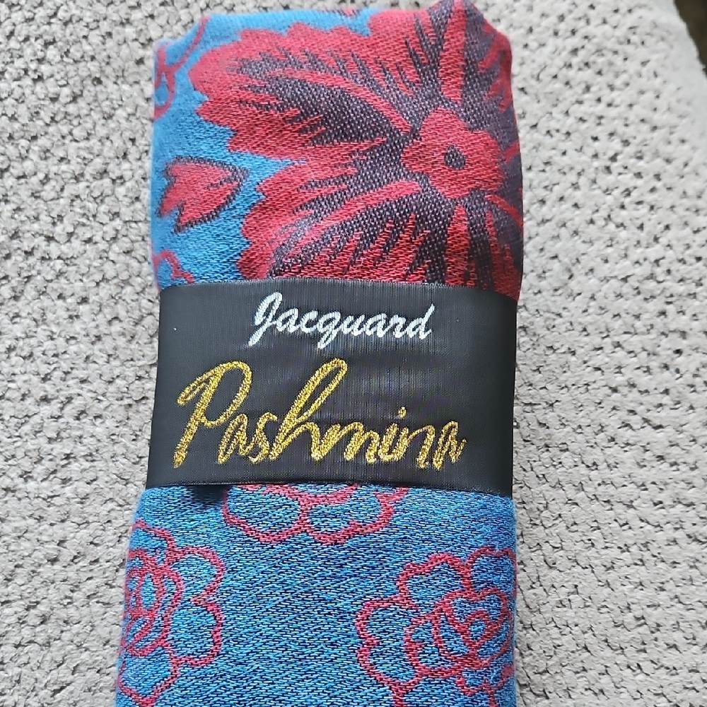 Jacquard Pashmina Blue and Red Scarf